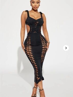 Black Cutout Lace-Up Midi Dress with Tie Straps